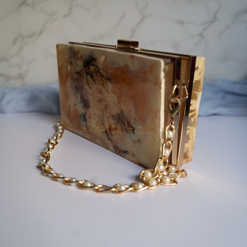 Handmade Marble Resin Clutch with Gold Pearl