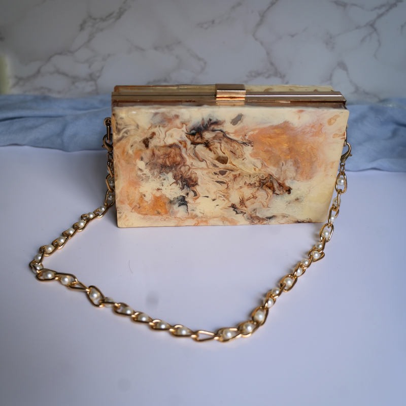 Handmade Marble Resin Clutch with Gold Pearl